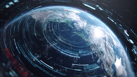 Rotating earth in space framed by a glowing digital interface visualizing global communication, networks, data flows, satellites and futuristic technology connecting the worldの写真素材