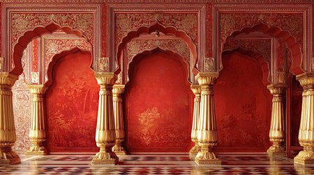 Ornate Indian palace interior with intricate gold patterns on rich red walls, featuring elegant...