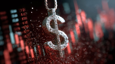 Dollar sign pendant symbolizing wealth and investment hangs above blurred red downward stock charts...