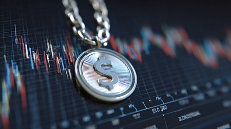 Dollar sign pendant necklace hanging over a digital display of financial market data and trading...