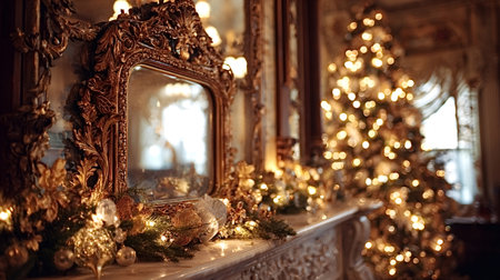 Vintage ornate mirror and gold christmas decorations adorning a lavish fireplace mantel, creating a warm, luxurious holiday atmosphere with blurred illuminated tree bokeh behindの写真素材