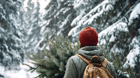 Man carrying a freshly cut Christmas tree on his back, walking through a snowy winter forest during...