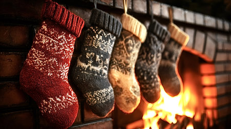 Festive knitted christmas stockings with winter patterns hanging above a glowing fire in a cozy...