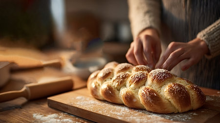 Woman's hands placing toppings on a fresh, braided challah bread loaf on a wooden cutting board,...