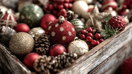 Christmas ornaments, baubles, red berries, and pinecones creating a festive holiday arrangement in a...