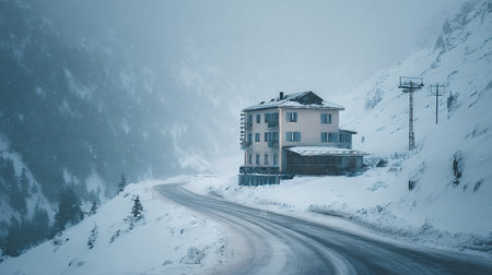 Building stands beside a winding mountain road covered in fresh snow during a winter blizzard, emphasizing isolation and the cold weather conditions in a monochromatic landscapeの写真素材
