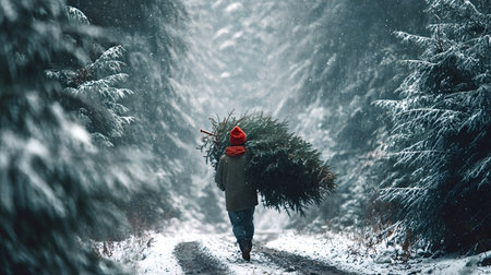 Person walking away through a snow covered evergreen forest, carrying a freshly cut christmas tree...