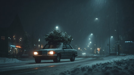 Vintage car transporting a freshly cut Christmas tree on its roof rack, moving along a snow covered street at night, with gentle snowfall illuminating the festive holiday journeyの写真素材