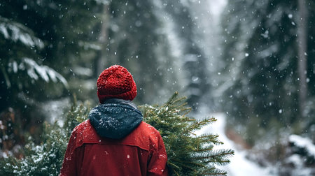 Person wearing a red winter coat and beanie carrying a freshly cut evergreen christmas tree, walking...