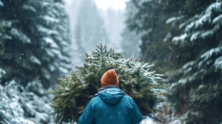 Person walking away from the camera, carrying a freshly cut christmas tree on shoulder through a...