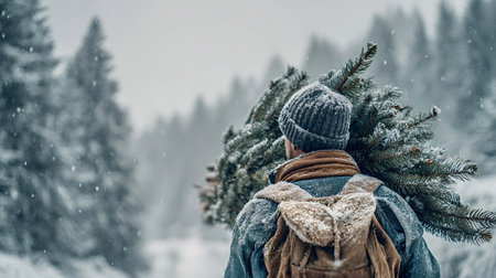 Man in winter gear carrying a freshly cut Christmas tree on his shoulder through a snowy forest, trekking back from a holiday tree cutting tradition in serene winter landscapeの写真素材
