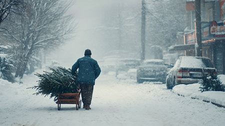 Man pulls a freshly cut Christmas tree on a small wooden cart down a snow covered street during steady snowfall, preparing for the festive holiday seasonの写真素材