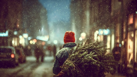 Person wearing a red hat carrying a freshly cut tree, walking along a bustling city street at night...