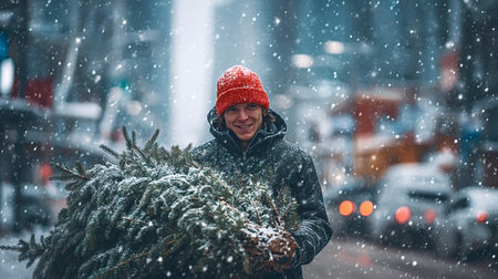 Man in red hat carries a fresh Christmas tree through a snowy city street, smiling as he celebrates the festive winter season and prepares home holiday decorationsの写真素材