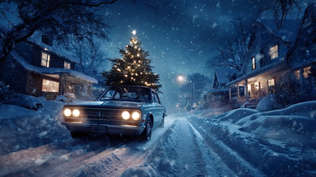 Vintage car driving through a snow covered street in a cozy town at night, carrying a lit Christmas tree on its roof, evoking holiday cheer and nostalgic winter memoriesの写真素材
