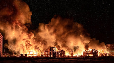 Inferno engulfs urban buildings at night, sending smoke and glowing embers into a starry sky as fire...