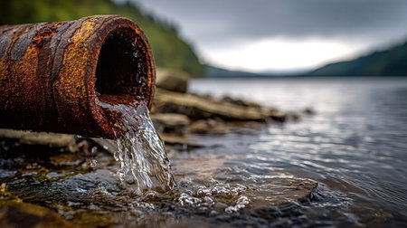 Old rusty metal pipe discharging water into a lake, creating ripples and bubbles, symbolizing industrial pollution and environmental contamination impacting natureの写真素材