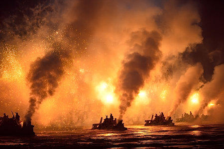 Boats emit large plumes of thick smoke and bright fireworks, illuminating the dark night sky with...