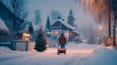 Person pulling a wooden cart while walking along a snow covered village street with houses and a...