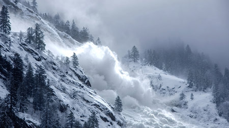 Massive snow avalanche sweeping down a steep, snow covered winter mountain slope with pine trees,...