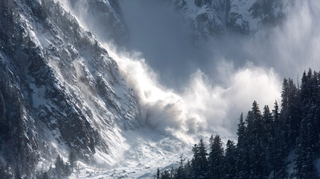 Powerful avalanche of snow and ice thundering down a steep, snow covered mountain, kicking up a...
