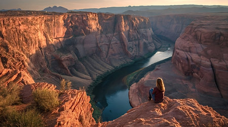 Woman sitting on a cliff edge, looking over the bend of the colorado river, surrounded by the vast red rock canyon landscape during a colorful sunset in arizonaの写真素材