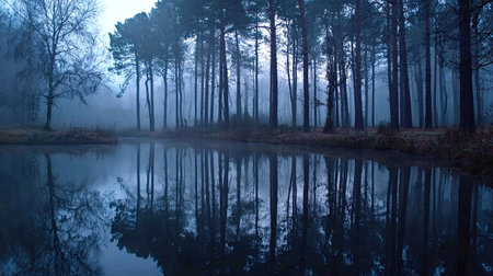 Foggy forest landscape at blue hour with tall trees mirrored in a still lake, creating a mystical,...