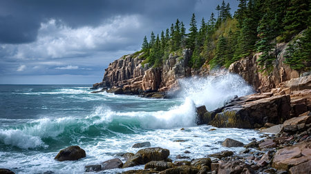 Powerful ocean waves crashing against the rocky coastline of Acadia national park, maine, under a dramatic cloudy sky, showing the raw beauty of natural coastal erosion and resilienceの写真素材