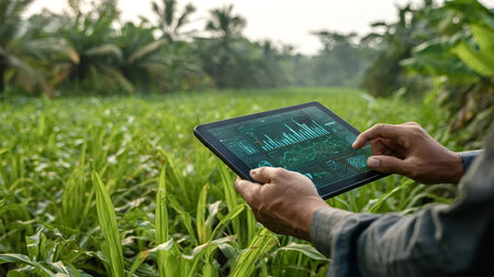 Farmer's hands holding and interacting with a digital tablet displaying agricultural data and analytics for monitoring and optimizing crop growth in a green cornfieldの写真素材