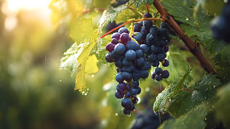 Red wine grape clusters glistening with raindrops on sunlit vines in a vineyard, ripe and ready for...