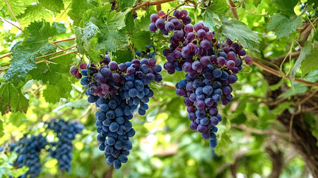 Bunches of ripe purple grapes are hanging from green vine leaves, ready for harvest in a vineyard,...