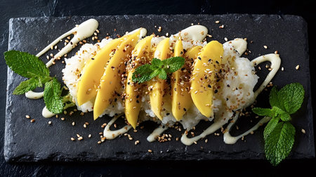 Mango sticky rice dessert presenting sweet ripe mango slices on sticky rice, drizzled with coconut milk sauce, garnished with toasted sesame seeds and fresh mint leaves on a black slateの写真素材