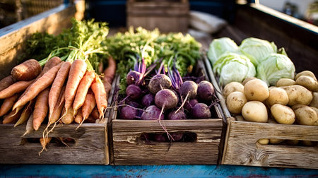 Farmers market stall showcasing fresh organic carrots, beets, cabbage, and potatoes in rustic wooden...