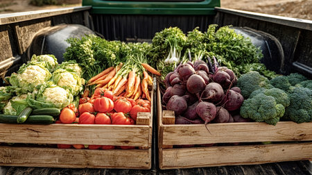 Colorful organic vegetablescarrots, beets, tomatoes, broccoli, cauliflower, cucumbers, garlicpacked...
