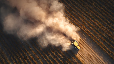 Tractor plowing vineyard rows at harvest, kicking up a large dust cloud over dry soil in golden daylight aerial view of farming machinery cultivating crops in rural countrysideの写真素材