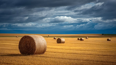 Golden hay bales scattered across a harvested field under a dramatic cloudy sky, hinting at an...