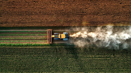 Yellow tractor working in a cultivated field, tilling the soil and creating dust, showcasing modern...