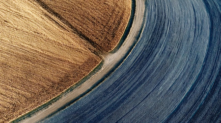 Drone view showing a distinct separation between a golden harvested field and a newly plowed field, creating abstract patterns and textures across the agricultural landscapeの写真素材