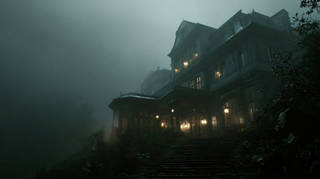 Old victorian mansion perched on a fog shrouded hillside in driving rain, its warm, lone windows piercing the gloom and hinting at an eerie, abandoned presenceの写真素材