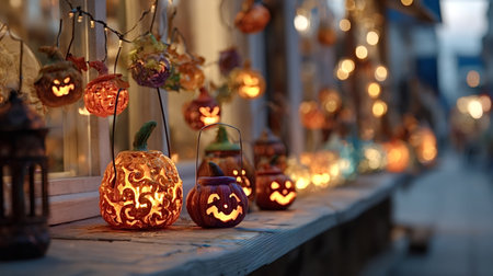 Jack o' lanterns and decorative pumpkin lights creating a festive and spooky atmosphere during Halloween night, illuminated by warm bokeh lights on a window ledgeの写真素材