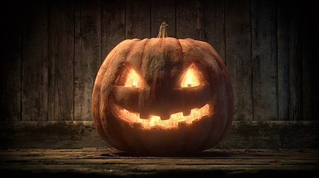 Halloween jack o' lantern with a carved spooky face glowing from within, sitting on a rustic wooden surface against a dark wooden background, creating a scary festive atmosphereの写真素材