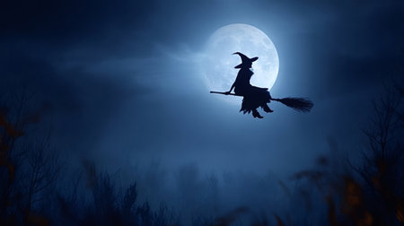 Witch silhouette flying on a broomstick across a glowing full moon in a dark, spooky sky, evoking...