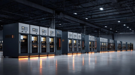 Rows of server racks with glowing lights storing and processing information in a large, clean data...