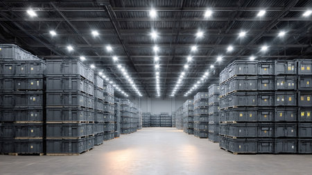 Industrial warehouse storing countless gray plastic containers stacked on pallets. Illuminating the...