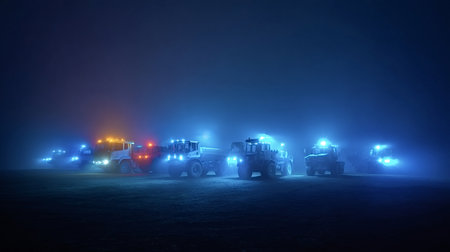 Industrial trucks and construction vehicles forming a convoy, illuminating a dense, atmospheric fog with bright blue and orange lights during a challenging night operationの写真素材