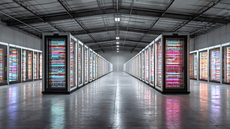 Server racks with blinking lights extending down a clean aisle inside a large, modern data center,...