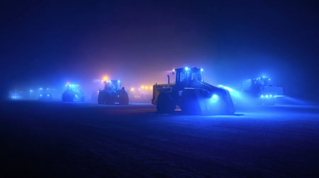 Snowplows with bright blue and orange lights working on an airfield runway, removing snow during a...
