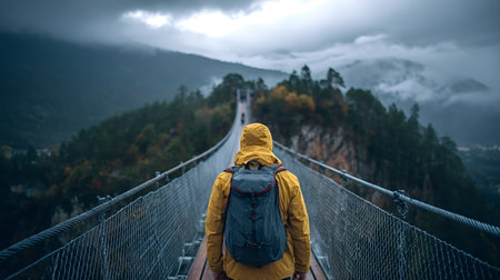 Hiker wearing a bright yellow waterproof jacket and a backpack crossing a long suspension bridge...