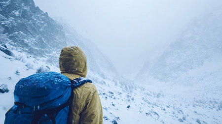 Hiker with a backpack is gazing into a snow covered mountain valley while facing a cold winter blizzard, embracing solitude and the challenging adventure of outdoor explorationの写真素材