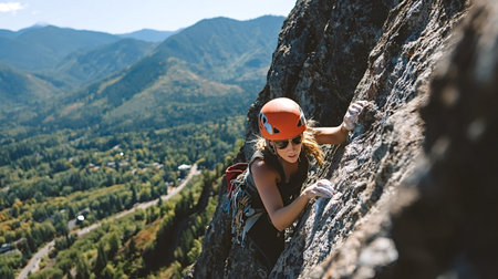 Woman wearing a helmet and sunglasses gripping a rock face while ascending a steep mountain,...